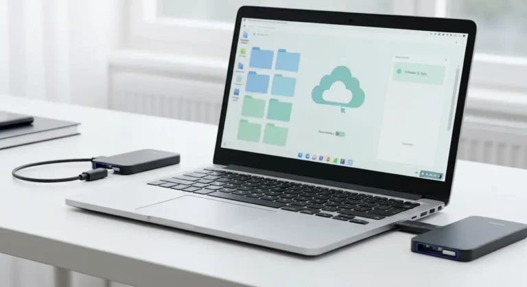 Laptop z abstrakcyjnym widokiem dysku w chmurze oraz podłączonym dyskiem zewnętrznym