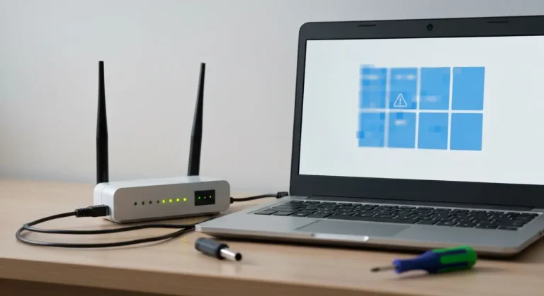 Laptop z routerem i kablem Ethernet podczas diagnozowania błędu 651 w Windows 7