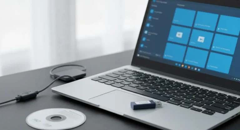 Laptop z nośnikiem USB i płytą instalacyjną podczas naprawy Windows 11