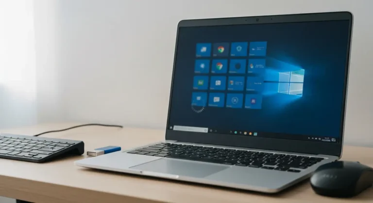 Laptop z abstrakcyjnym zawieszonym panelem systemu i pendrivem do naprawy Menu Start