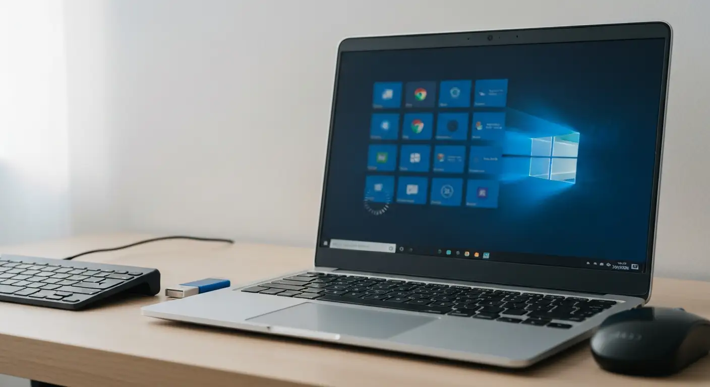 Laptop z abstrakcyjnym zawieszonym panelem systemu i pendrivem do naprawy Menu Start