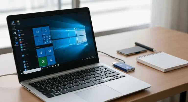 Laptop z Windows 10, dyskiem zewnętrznym i nośnikiem USB podczas naprawy błędu krytycznego