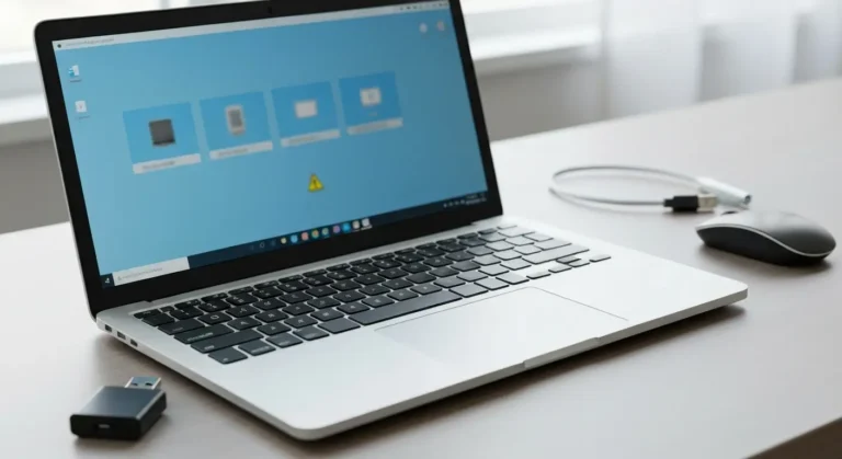 Laptop z adapterem Bluetooth i ekranem ustawień podczas diagnozowania błędu sterownika