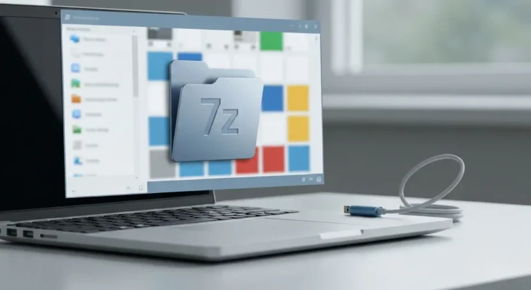 Laptop z abstrakcyjną ikoną archiwum 7z oraz pendrive na biurku
