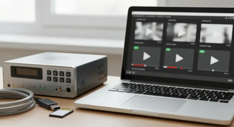 Rejestrator CCTV, pendrive i laptop z abstrakcyjnym podglądem nagrania DAV