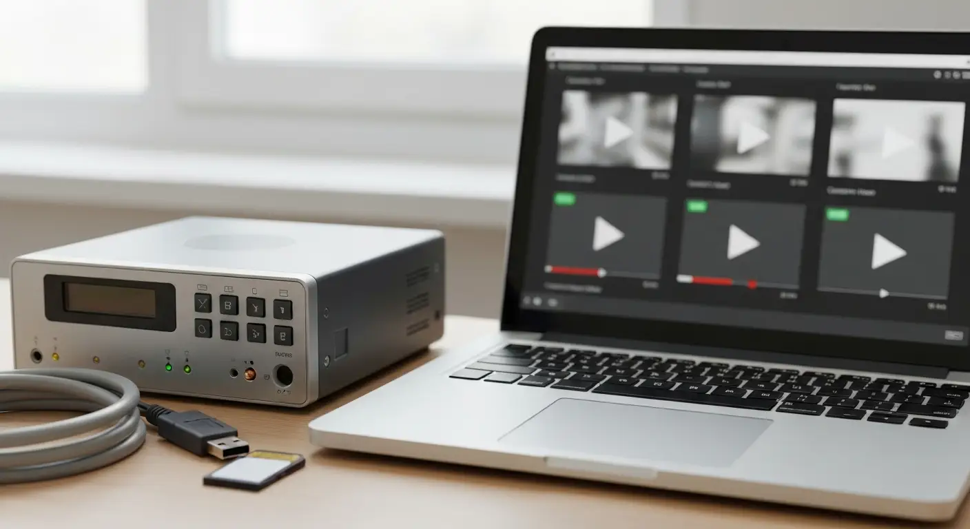 Rejestrator CCTV, pendrive i laptop z abstrakcyjnym podglądem nagrania DAV