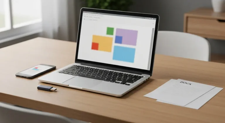 Laptop i telefon z abstrakcyjnym podglądem dokumentu DOCX oraz pendrive na biurku