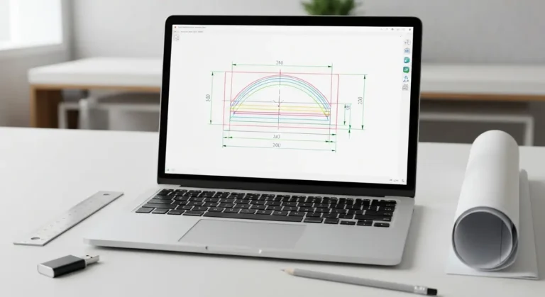 Laptop z abstrakcyjnym rysunkiem CAD i akcesoriami do otwierania pliku DXF