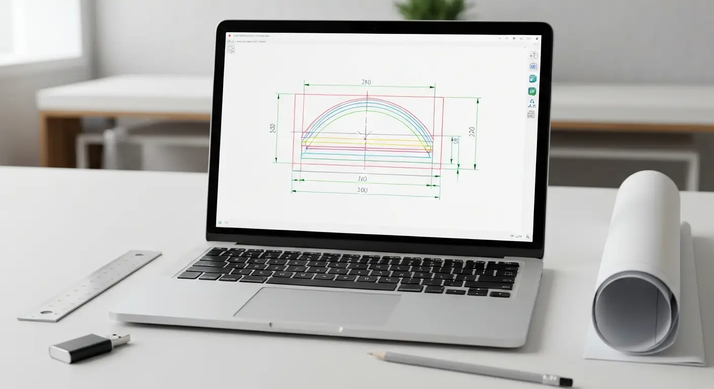 Laptop z abstrakcyjnym rysunkiem CAD i akcesoriami do otwierania pliku DXF