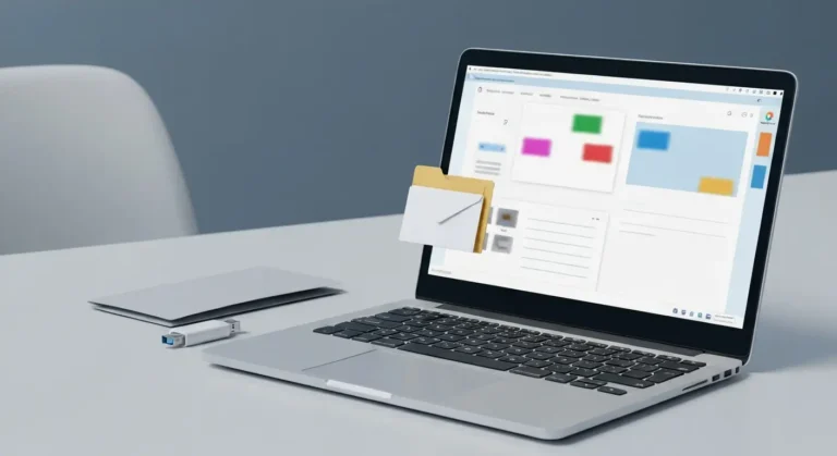 Laptop z lokalnie otwartą wiadomością e-mail i pendrivem na biurku