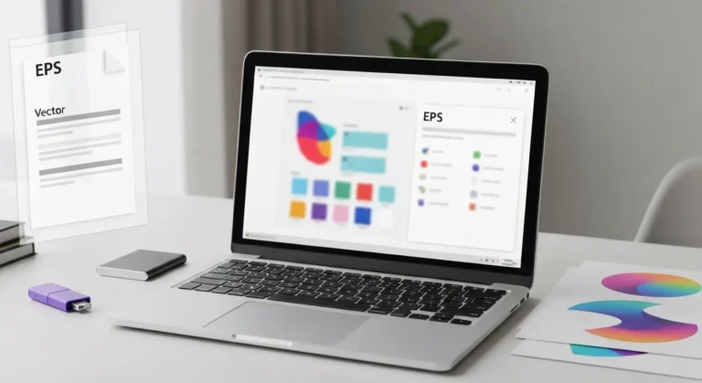Laptop z abstrakcyjną grafiką wektorową oraz nośnikami plików EPS
