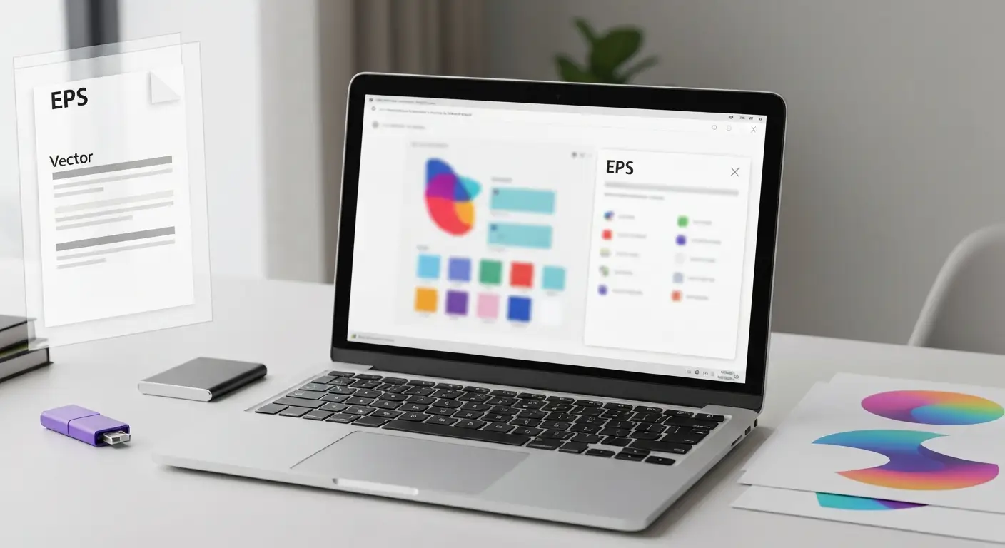 Laptop z abstrakcyjną grafiką wektorową oraz nośnikami plików EPS
