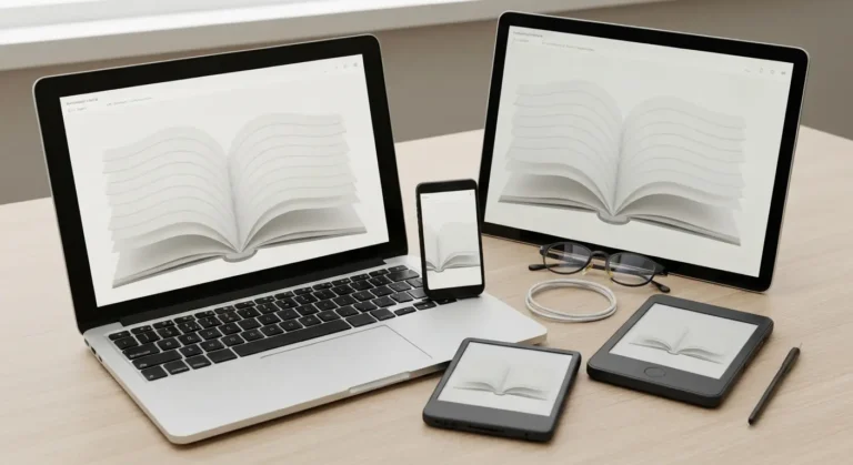 Laptop, telefon i czytnik z abstrakcyjnym widokiem otwartej książki EPUB