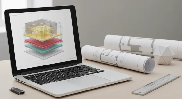 Laptop z abstrakcyjnym modelem BIM budynku oraz akcesoriami projektowymi