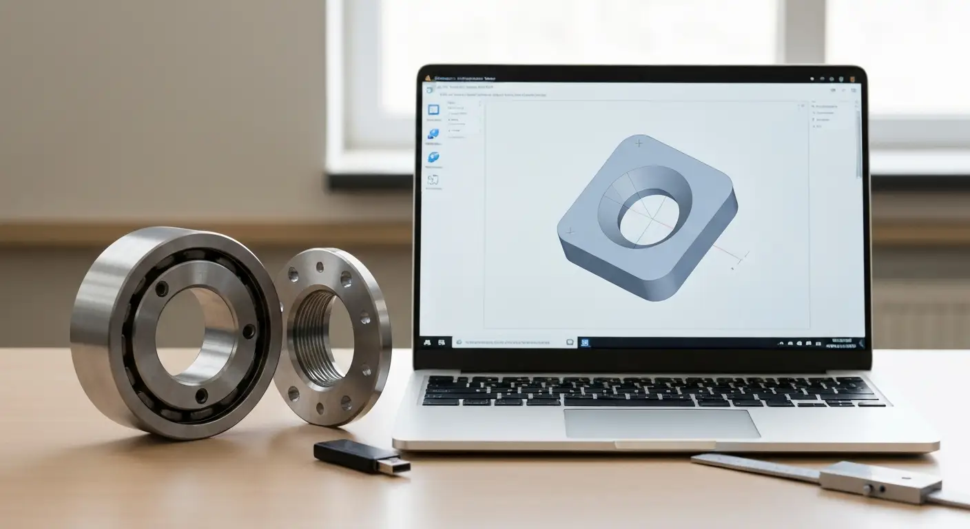 Metalowa część mechaniczna obok laptopa z abstrakcyjnym modelem CAD 3D
