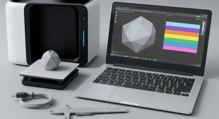 Drukarka 3D i laptop z abstrakcyjnym podglądem siatki modelu STL