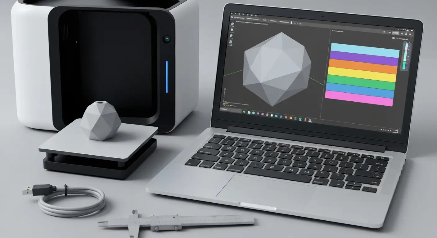 Drukarka 3D i laptop z abstrakcyjnym podglądem siatki modelu STL