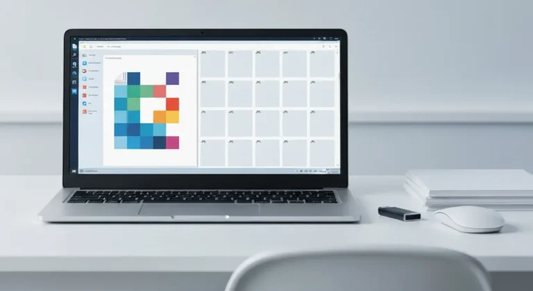 Laptop z podglądem dokumentu i miniatur zdjęć JPG oraz nośnikiem USB na biurku