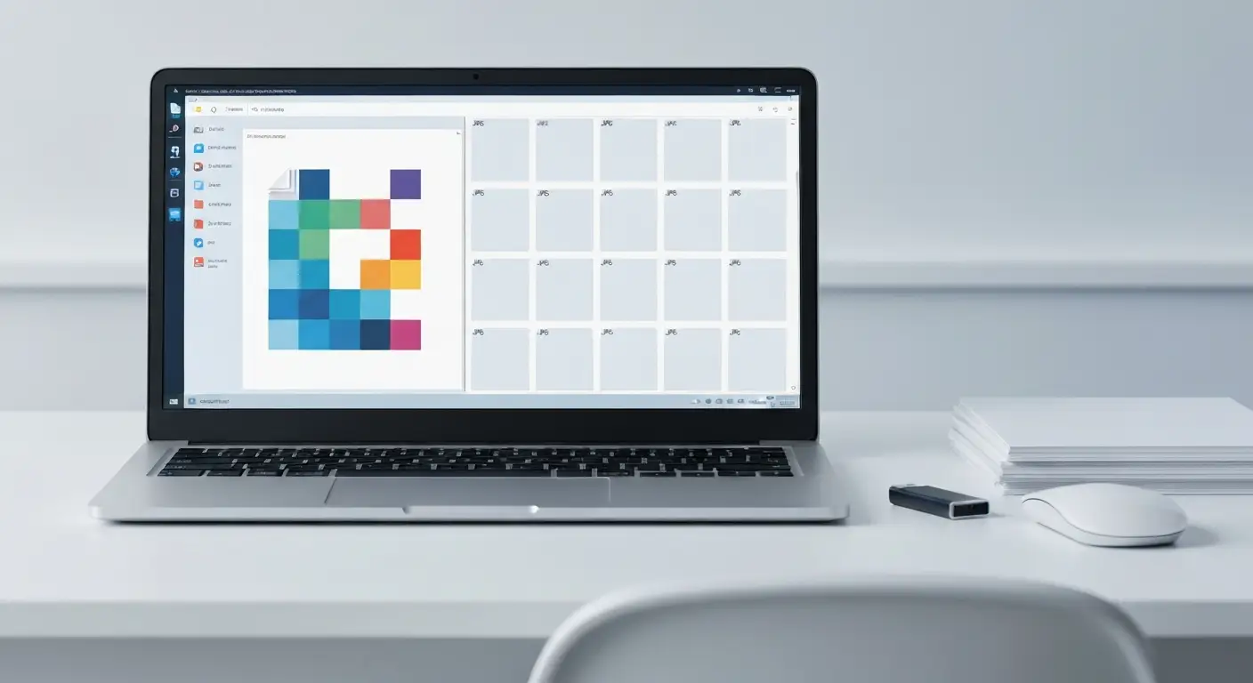 Laptop z podglądem dokumentu i miniatur zdjęć JPG oraz nośnikiem USB na biurku