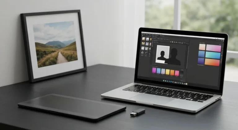 Laptop z abstrakcyjnym interfejsem AI do edycji zdjęć, tablet graficzny i wydruk fotografii