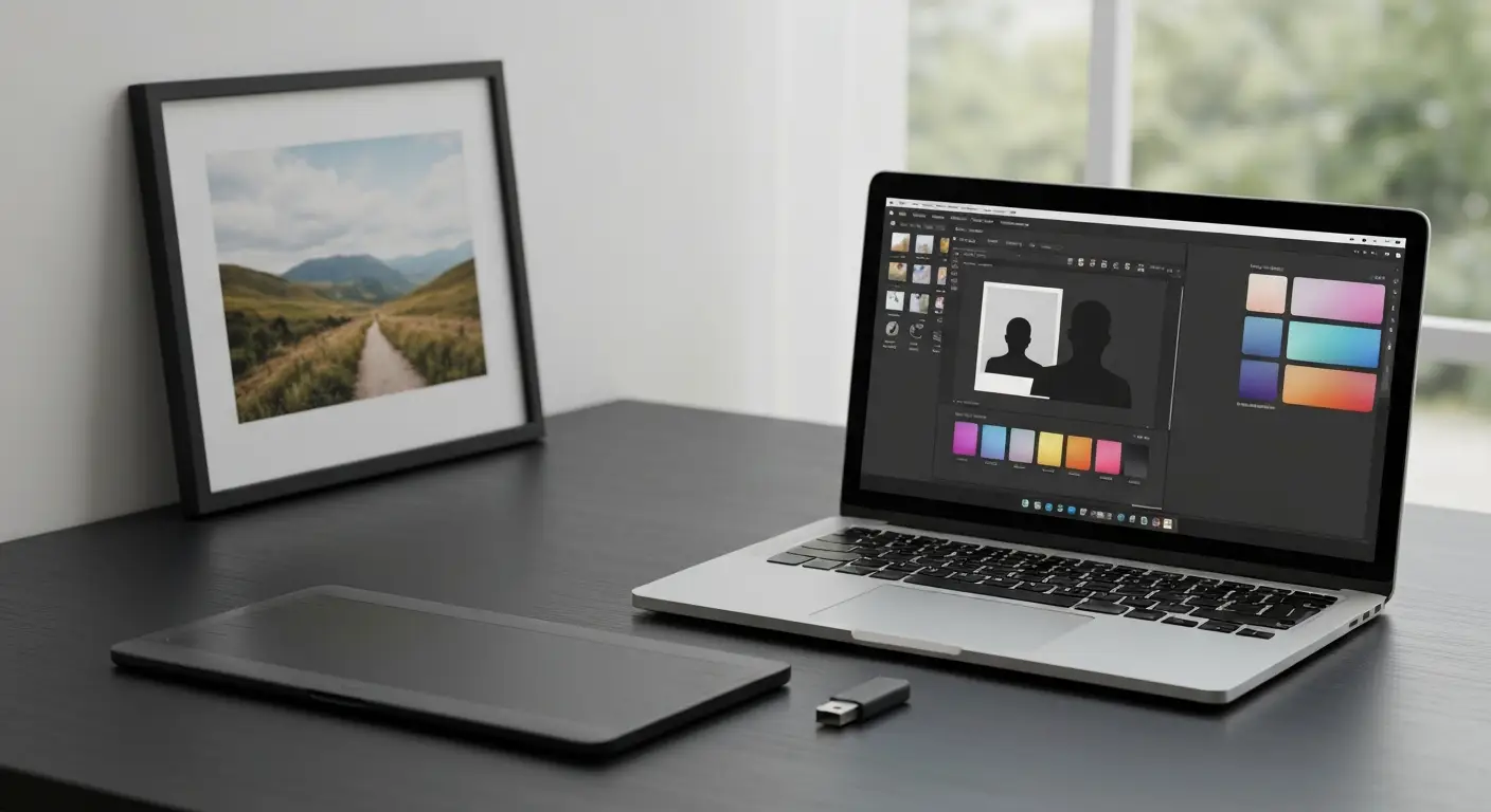 Laptop z abstrakcyjnym interfejsem AI do edycji zdjęć, tablet graficzny i wydruk fotografii