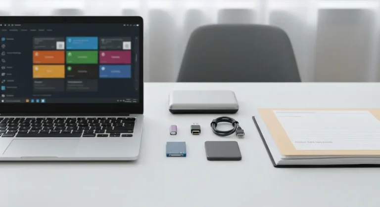 Laptop z akcesoriami i nośnikami danych do bezpiecznej aktualizacji sterowników