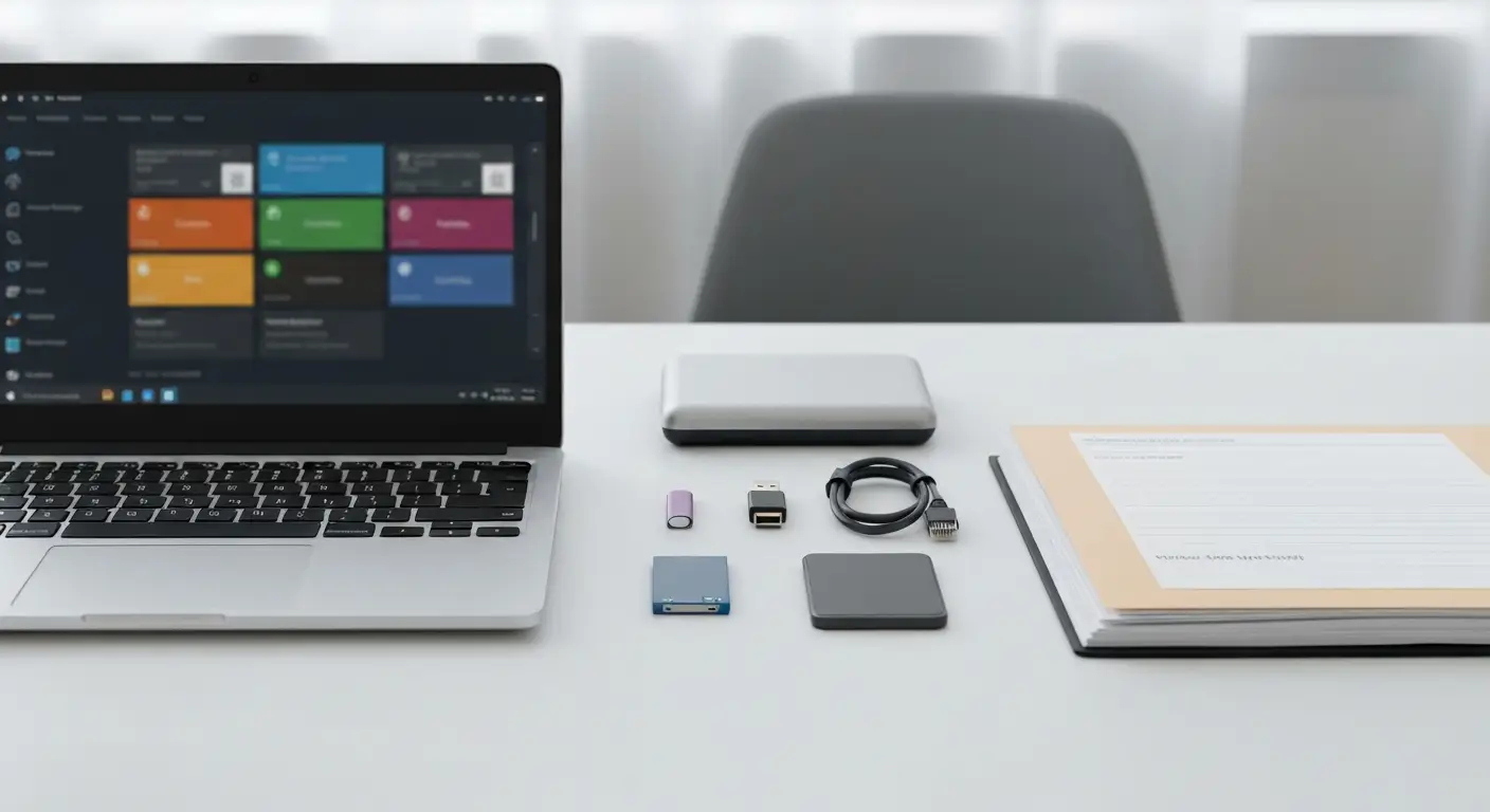 Laptop z akcesoriami i nośnikami danych do bezpiecznej aktualizacji sterowników
