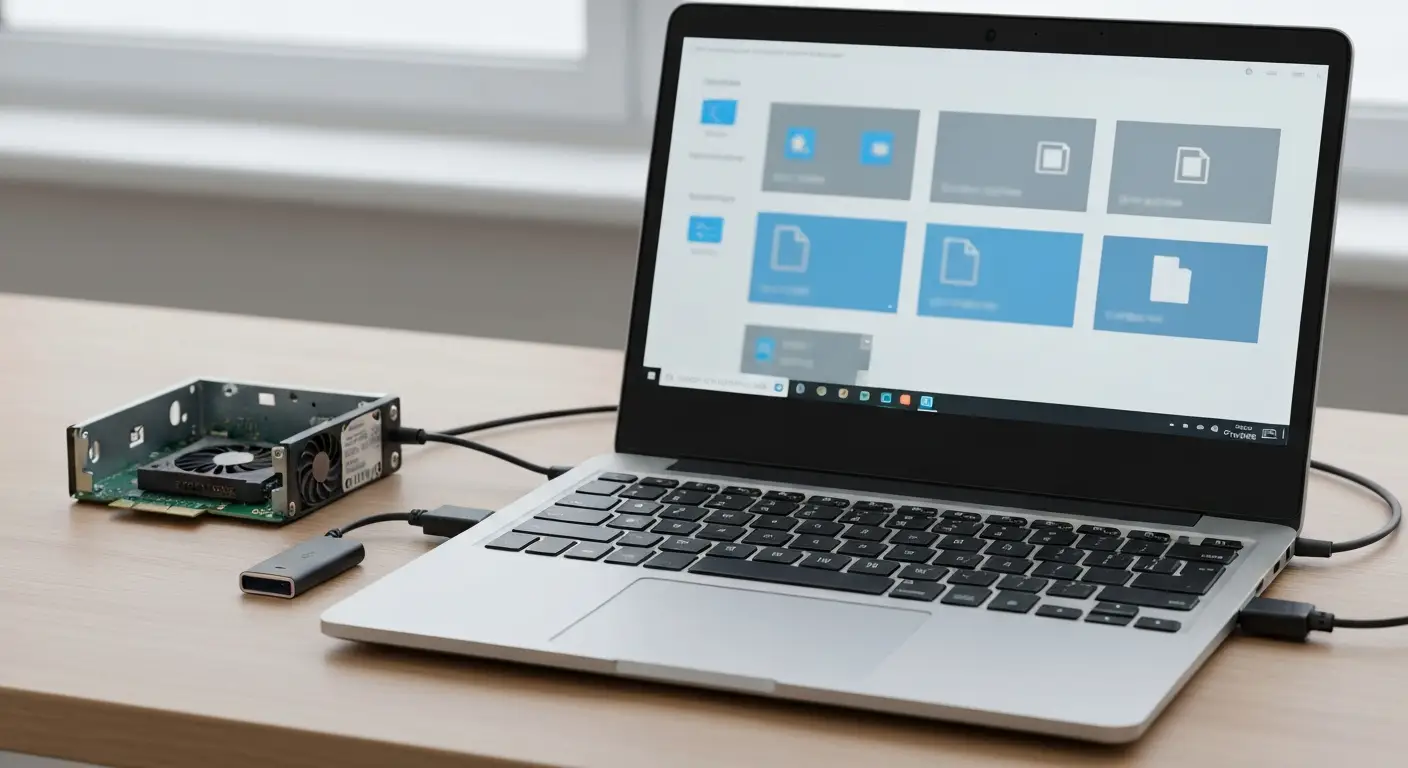 Laptop z abstrakcyjnym panelem aktualizacji sterowników, pendrive i podzespoły komputerowe