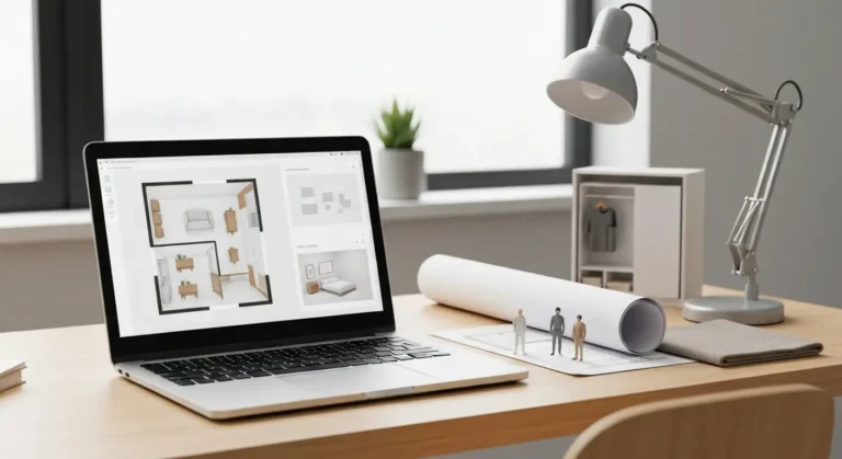 Laptop z abstrakcyjnym planem pokoju 2D i podglądem aranżacji wnętrza 3D