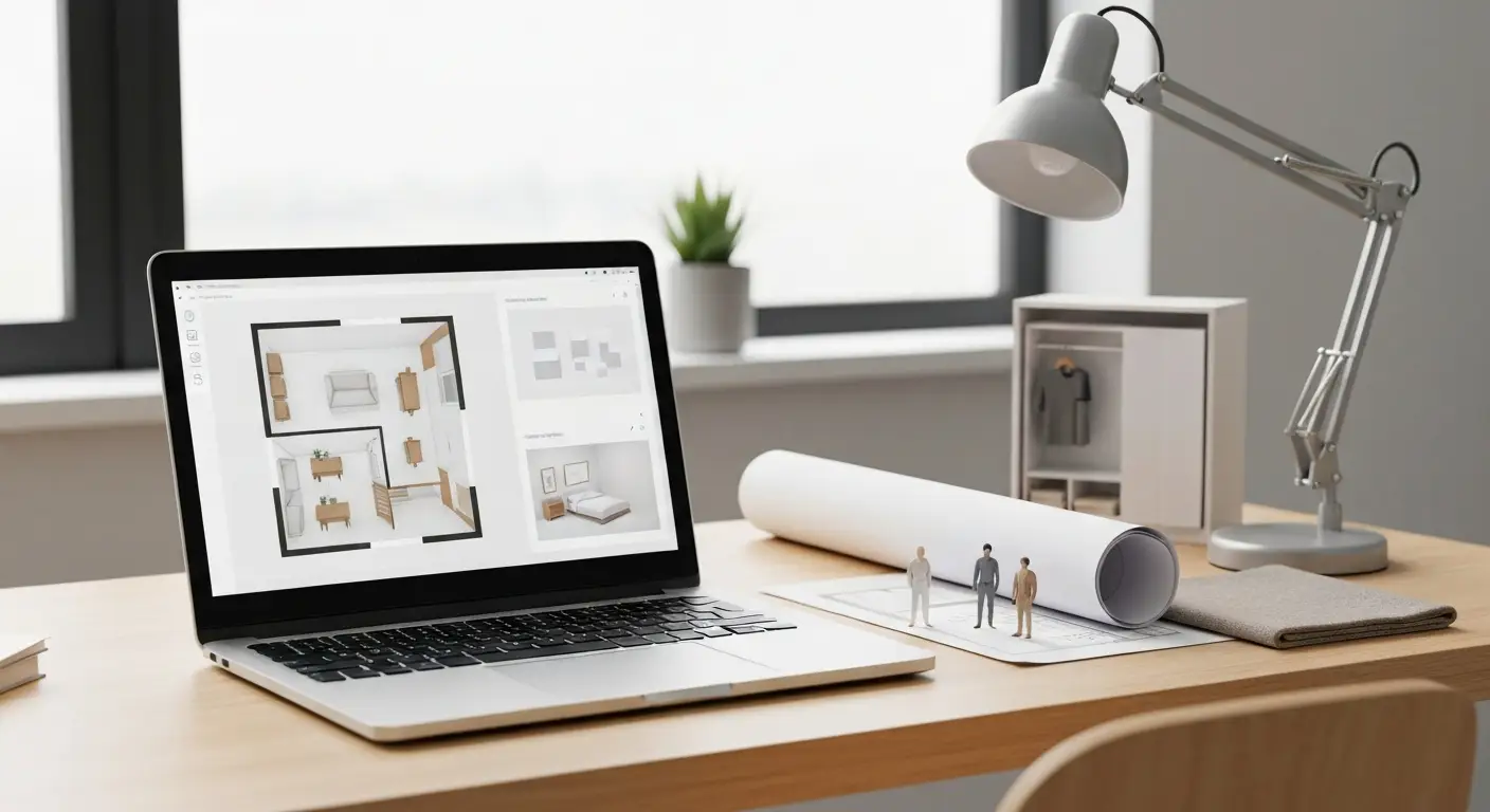 Laptop z abstrakcyjnym planem pokoju 2D i podglądem aranżacji wnętrza 3D