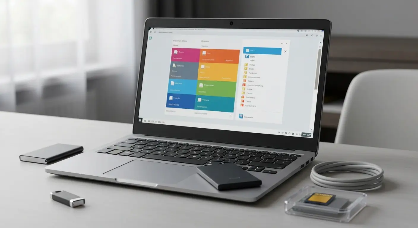 Laptop z abstrakcyjnym widokiem czyszczenia dysku, dysk zewnętrzny i pamięć USB