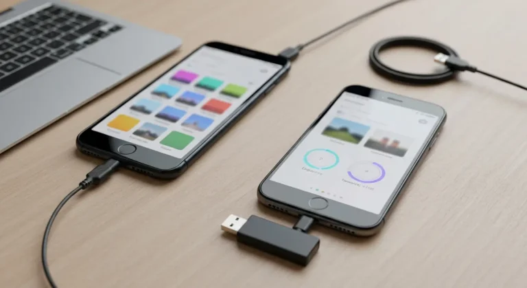 Smartfon i iPhone podłączone do laptopa podczas porządkowania pamięci i usuwania zbędnych plików