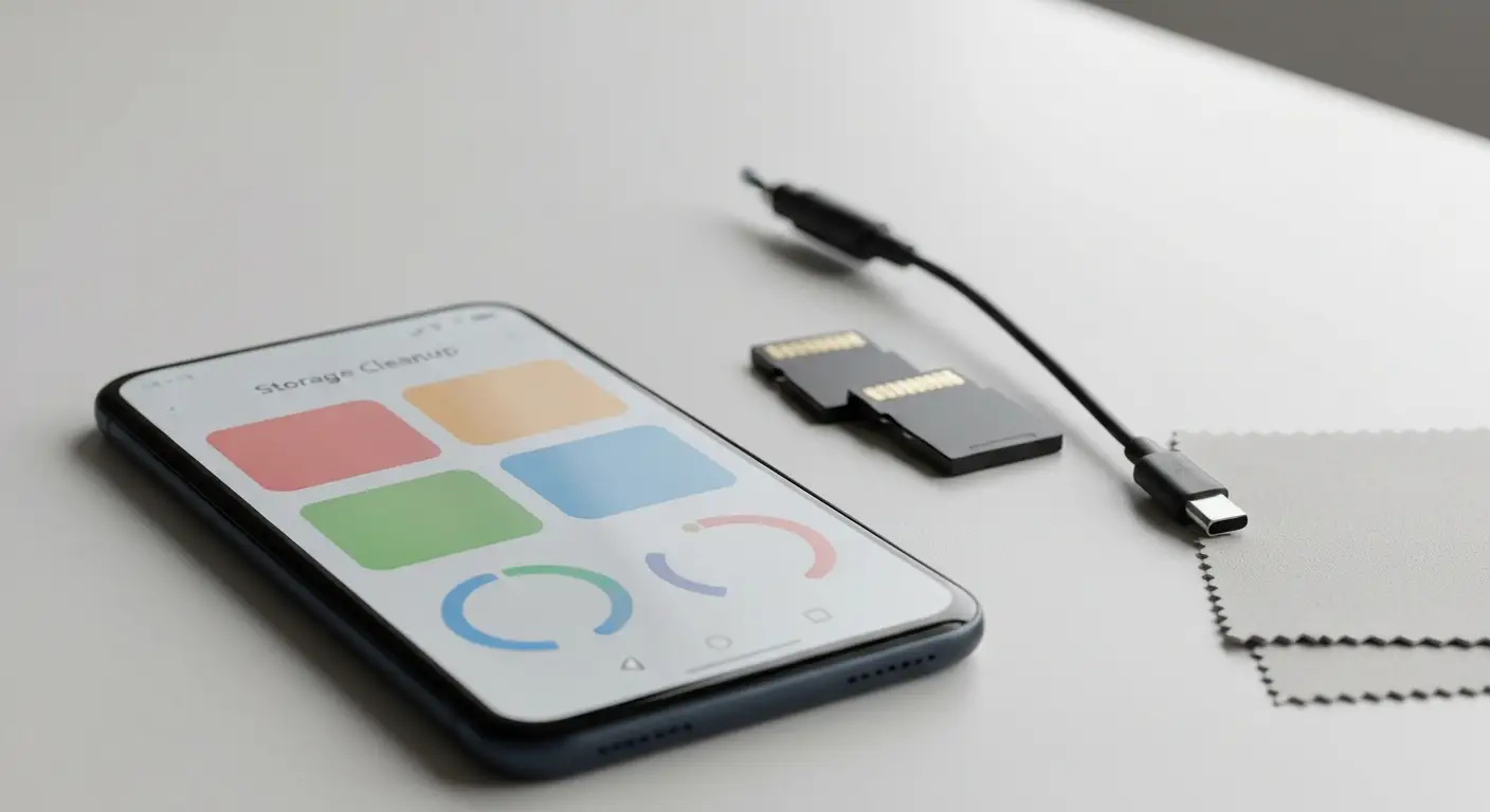 Smartfon z abstrakcyjnym ekranem czyszczenia pamięci oraz kablem USB-C i kartami pamięci