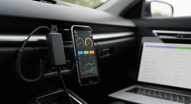 Adapter ELM327 podłączony do gniazda OBD2 z telefonem i laptopem do diagnostyki auta