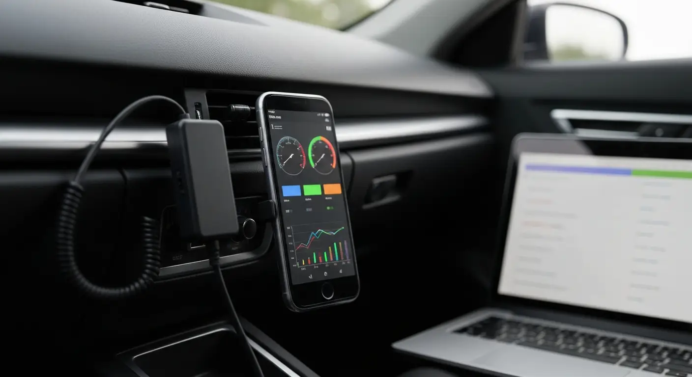 Adapter ELM327 podłączony do gniazda OBD2 z telefonem i laptopem do diagnostyki auta