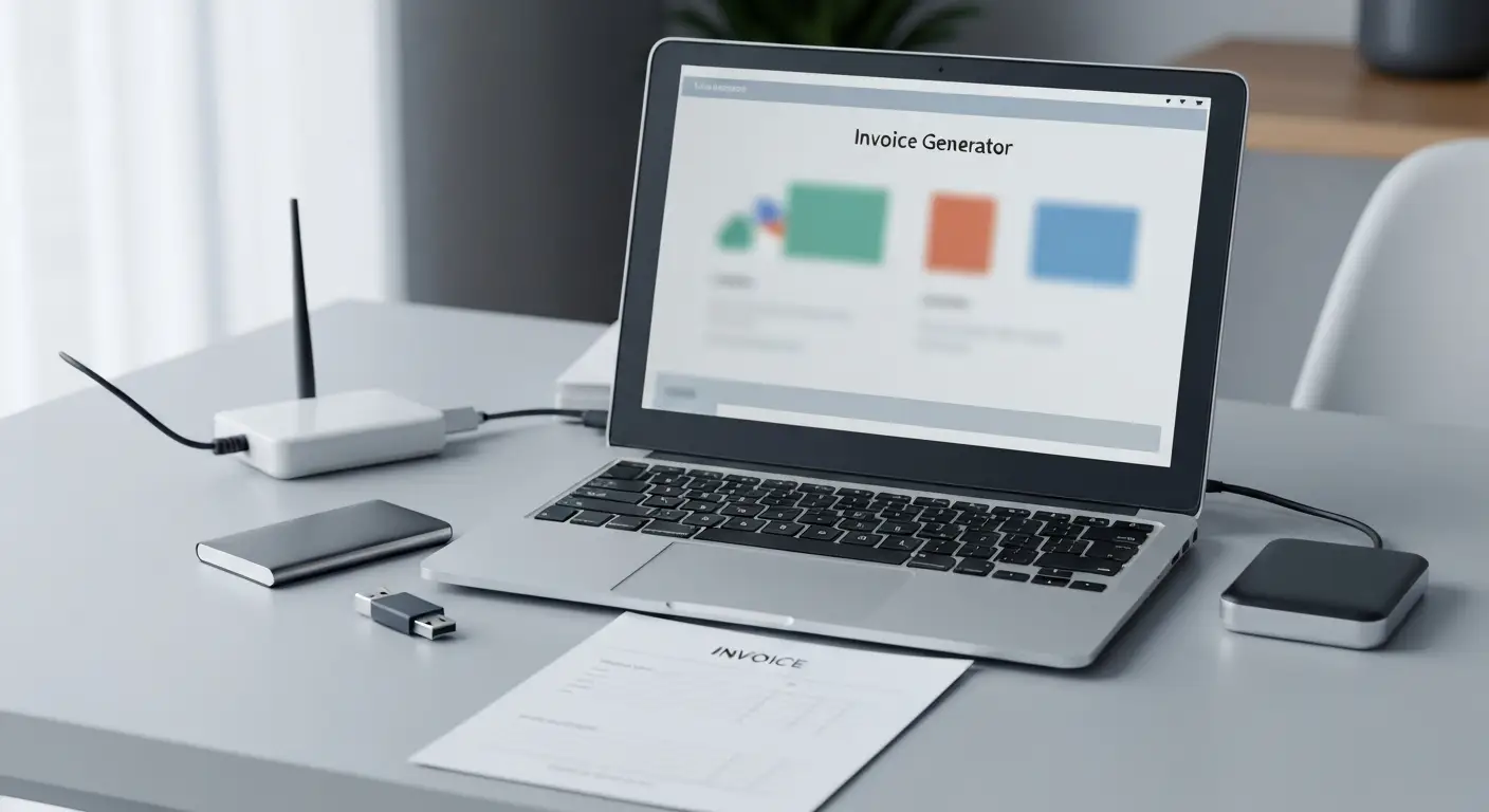 Laptop z generatorem faktur offline, pendrive i odłączony router na biurku