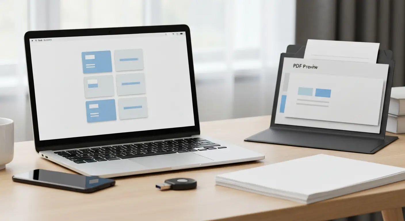 Laptop z abstrakcyjnym obiegiem e-faktur KSeF, telefonem i tokenem USB na biurku