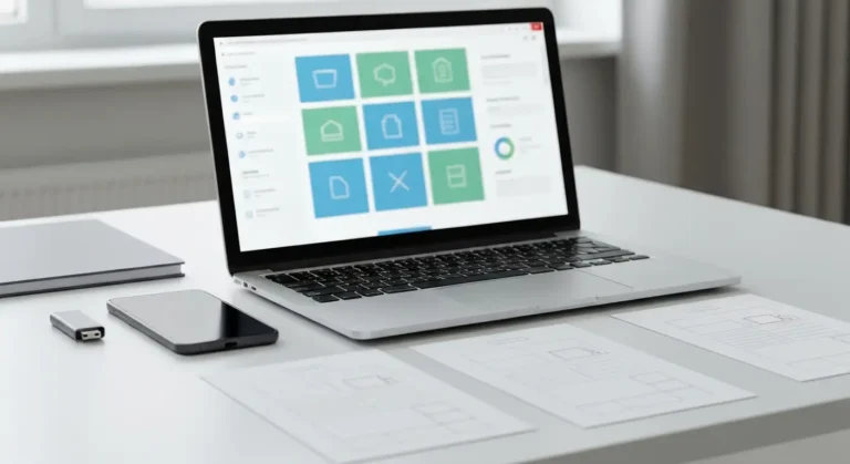 Laptop z abstrakcyjnym programem do faktur, telefonem, pamięcią USB i dokumentami na biurku