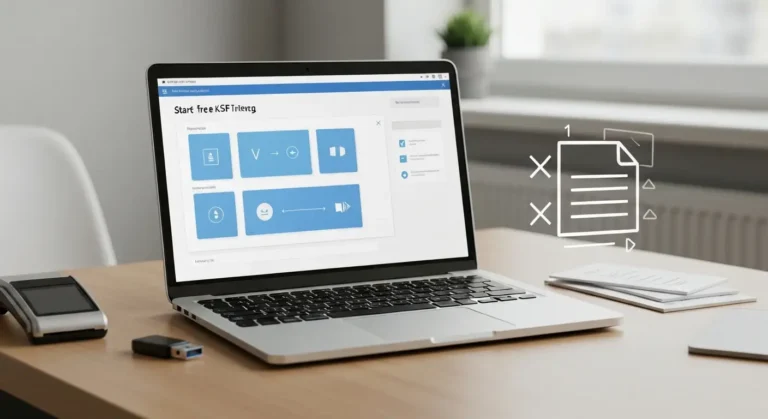 Laptop z abstrakcyjnym panelem fakturowania KSeF, tokenem USB i czytnikiem kart