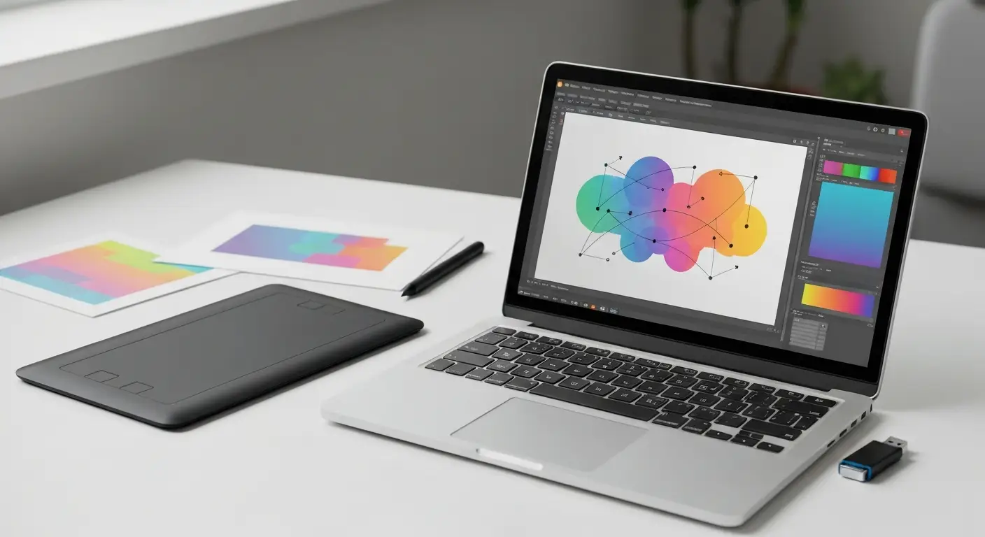 Laptop z abstrakcyjnym projektem wektorowym, tabletem graficznym i próbką wydruku