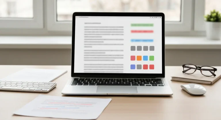 Laptop z abstrakcyjnym korektorem tekstu oraz dokumentem z oznaczeniami poprawek