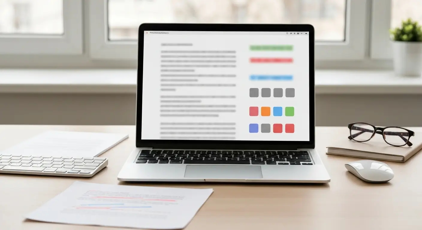 Laptop z abstrakcyjnym korektorem tekstu oraz dokumentem z oznaczeniami poprawek