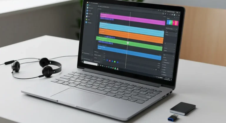 Laptop z abstrakcyjną osią czasu do darmowego montażu filmów oraz nośnikami plików