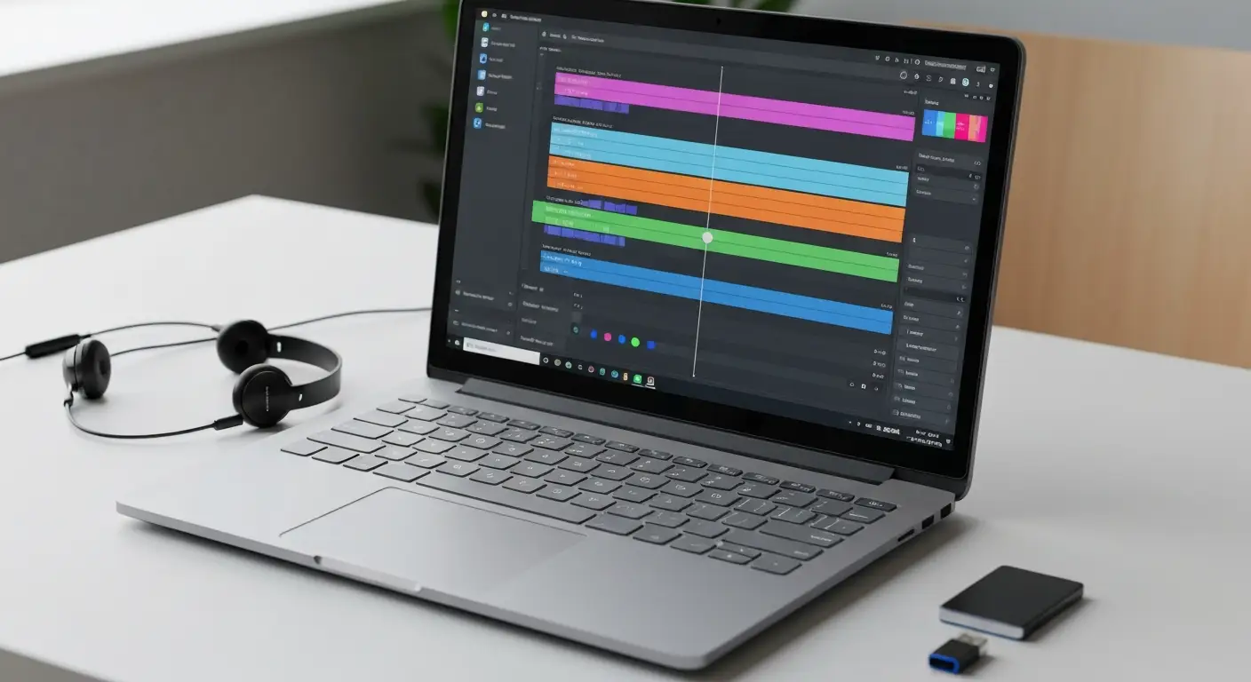 Laptop z abstrakcyjną osią czasu do darmowego montażu filmów oraz nośnikami plików