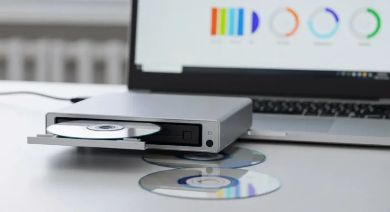 Zewnętrzna nagrywarka DVD podłączona do laptopa z płytą DVD-R w wysuniętej szufladzie