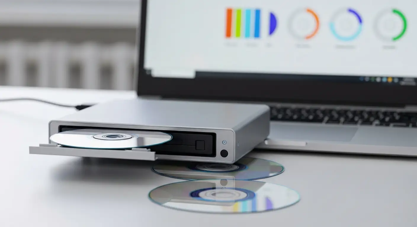 Zewnętrzna nagrywarka DVD podłączona do laptopa z płytą DVD-R w wysuniętej szufladzie