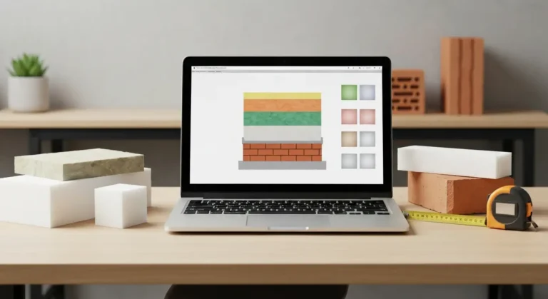 Laptop z kalkulatorem izolacji cieplnej oraz próbkami wełny, styropianu i cegły