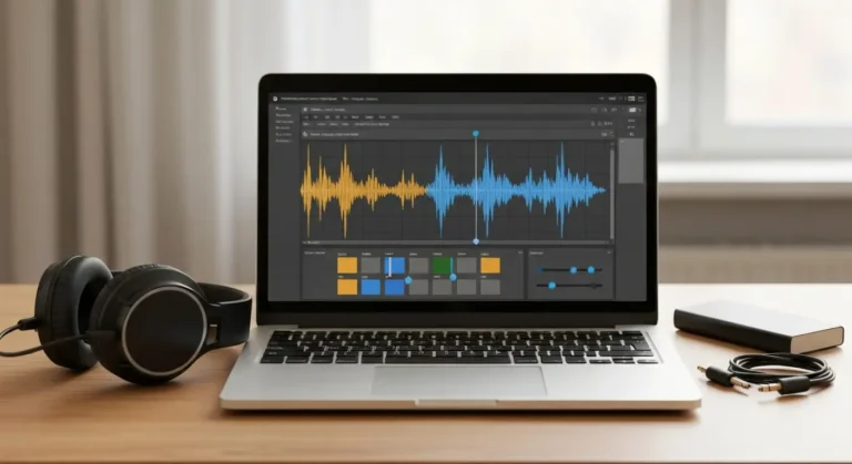 Laptop z abstrakcyjnym edytorem audio, mikrofonem, słuchawkami i dyskiem do kopii nagrań