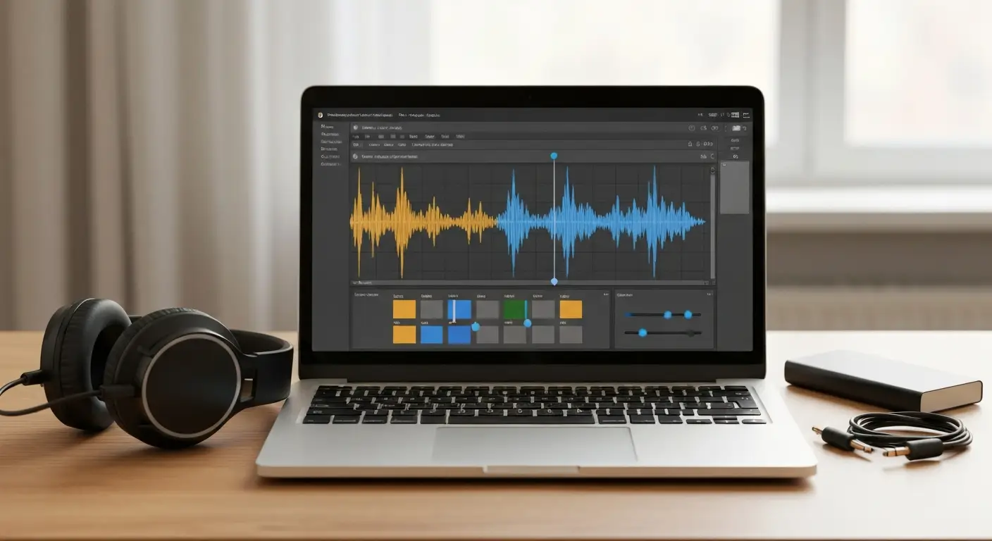 Laptop z abstrakcyjnym edytorem audio, mikrofonem, słuchawkami i dyskiem do kopii nagrań