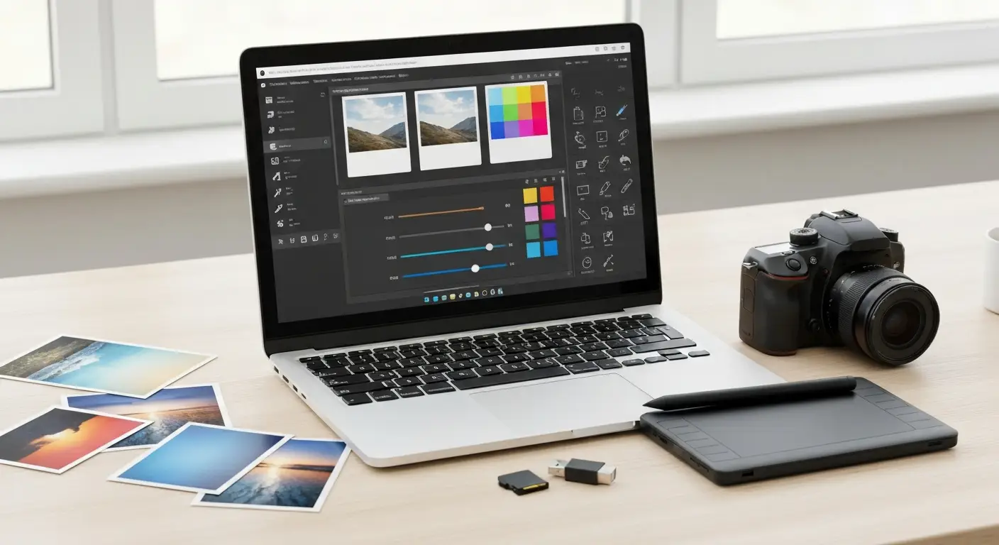 Laptop z abstrakcyjnym edytorem zdjęć, tablet graficzny, aparat i wydrukowane fotografie